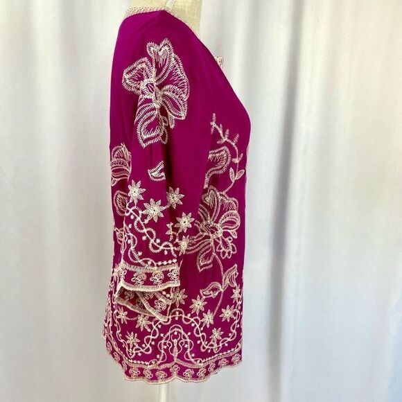 Solitaire Embroidered Top Boho Women’s Small  Handcrafted Fuchsia Pink Tunic - Picture 2 of 10
